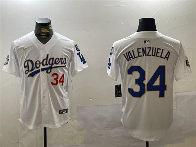 Men's Los Angeles Dodgers #34 Toro Valenzuela White Gold 2024 World Series With Fernando Memorial Patch Home Limited Stitched Baseball Jersey Men's Los Angeles Dodgers #34 Toro Valenzuela White Gold 2024 World Series With Fernando Memorial Patch Home Limited Stitched Baseball Jersey